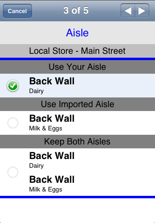 Merge screen for Aisle