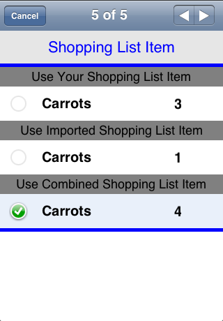Merge screen for Shopping List Item